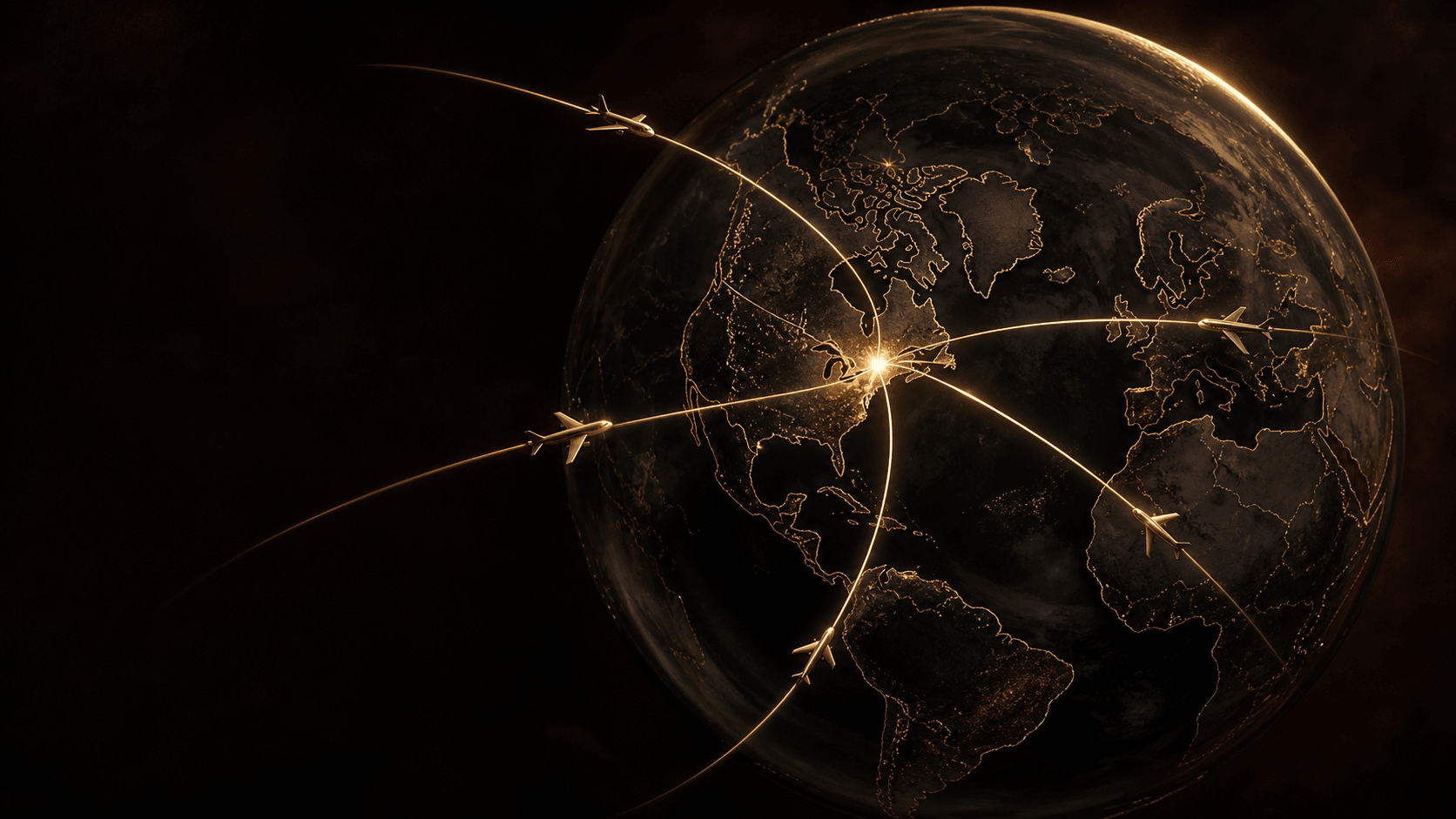 The earth at night seen from space, its coastlines drawn in gold light, with lit flight paths arcing between the continents and aircraft along them